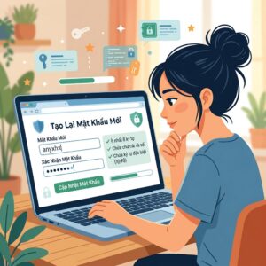 Person entering and confirming a new password on a laptop screen with password requirements