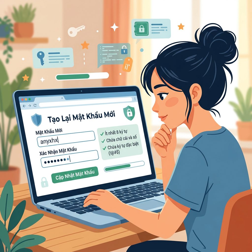 Person entering and confirming a new password on a laptop screen with password requirements