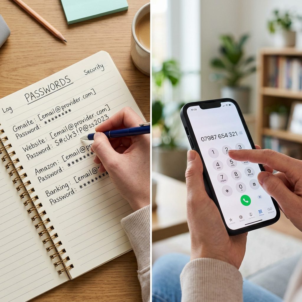Notebook with written email and passwords on left; person dialing phone number on smartphone on right